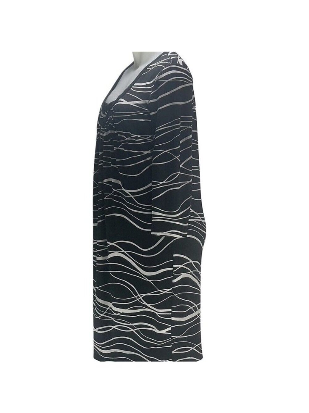 Black & White Wave Print Long Sleeve Dress Scoop Neckline Knee Length Size M - Picture 4 of 10